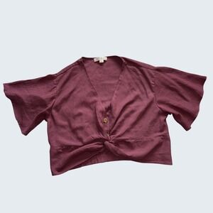 Timing Women Burgundy Twist Front Crop Top Flutter Sleeve Linen Blend L
